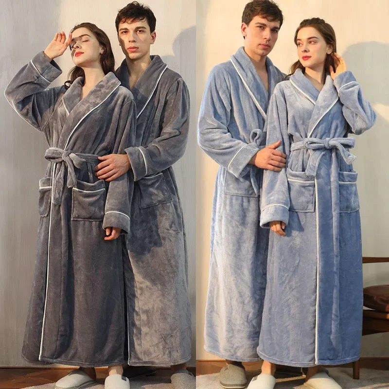 

Bathrobe Shower Clothes Gown Long Men Autumn Kimono Robe With Robe Flannel Sleepwear Home New Women Nightgown Winter Warm Pocket