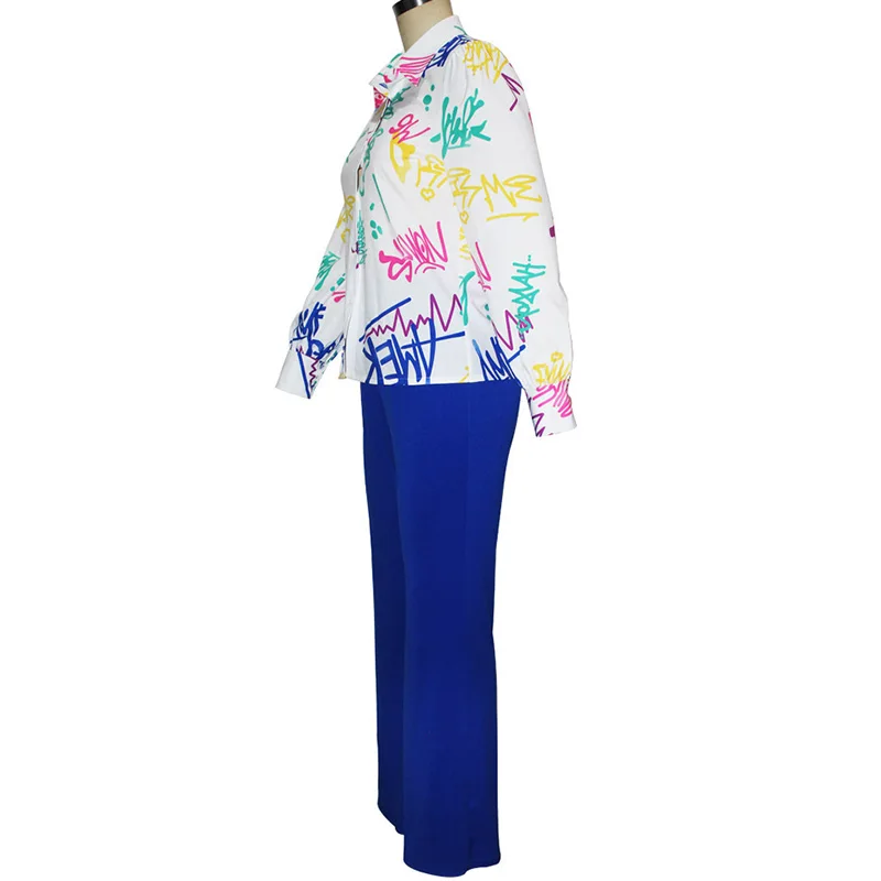 Fashion Turn-down Collar Printing Long Sleeve Shirt Casual Elastic Waist Blue Wide Leg Pants Two Piece Set Women Plus Size Sets