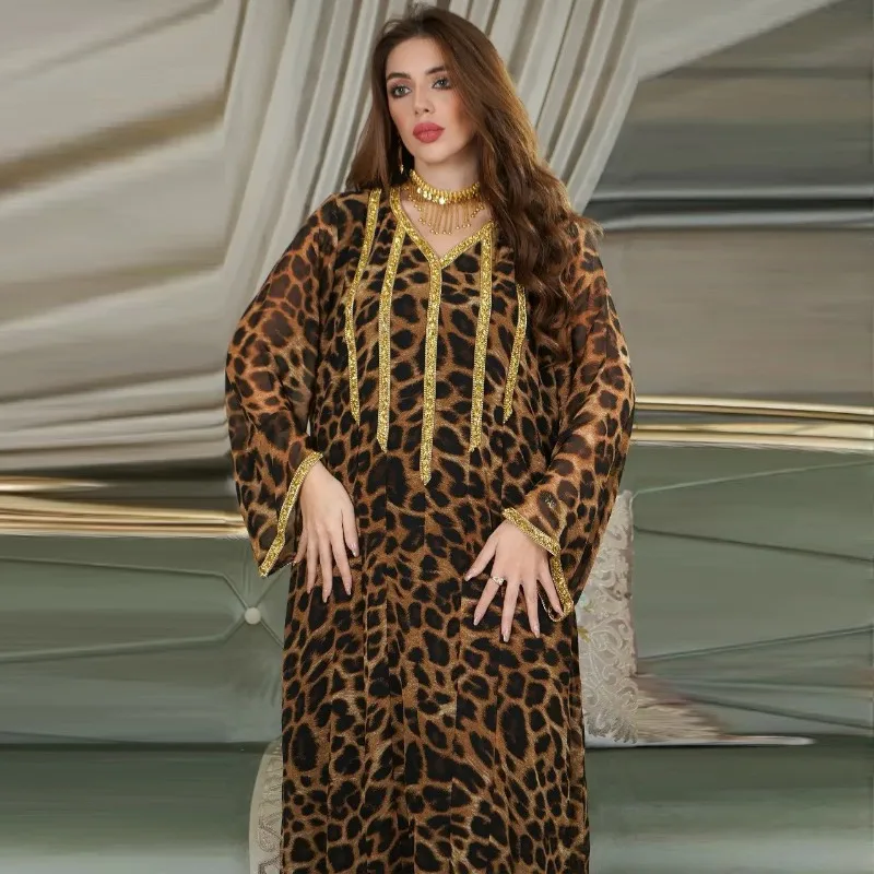 Fried Street Leopard Print Spring Brown Rhinestone Women's Long Middle East Fashion Muslim Dress evening dresses  dresses