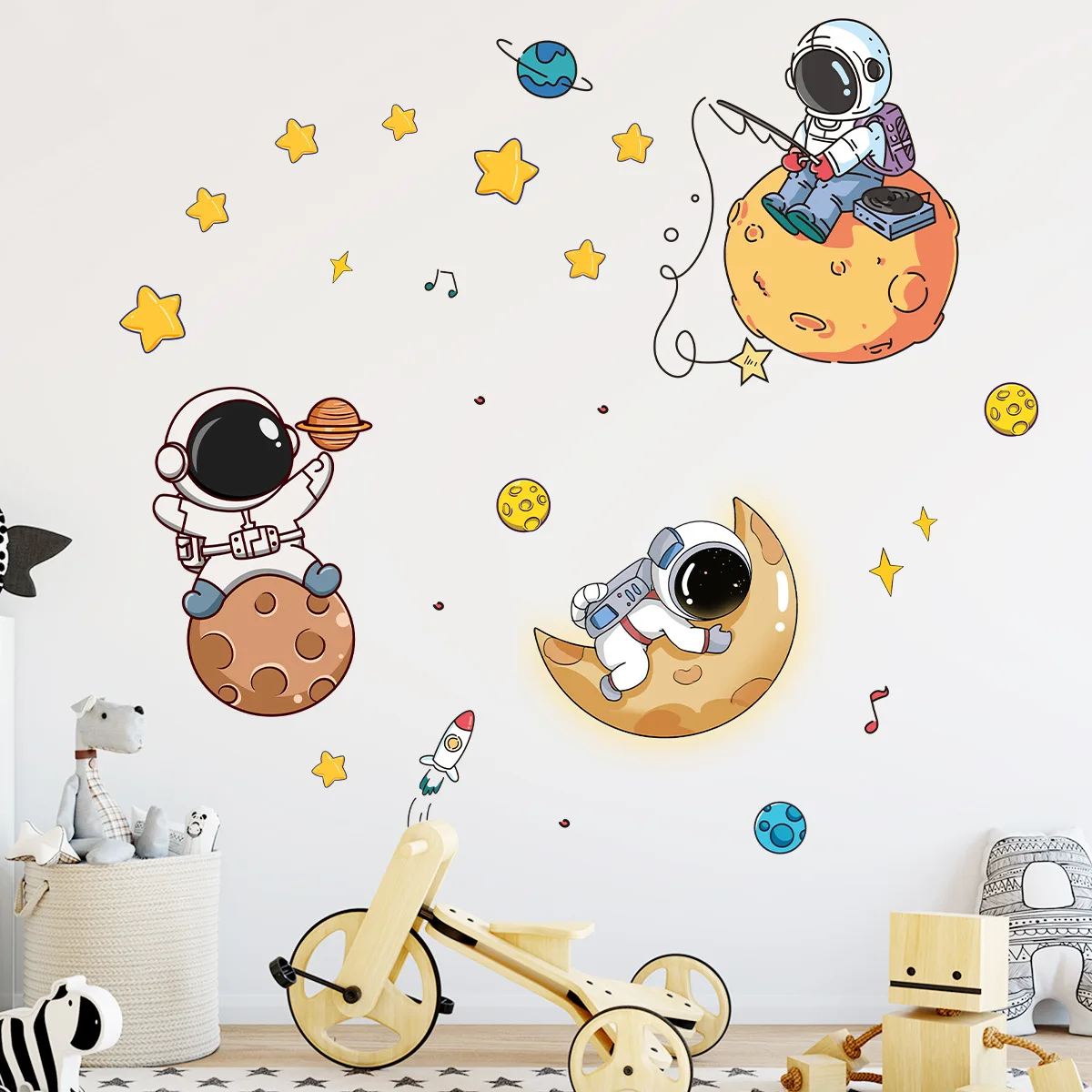 Astronauti Planet Wall Sticker Nursery Bedroom Baby Room Decalcomanie Da Parete Universe Spaceman Rocket Murals For Kids Room Home Decor
