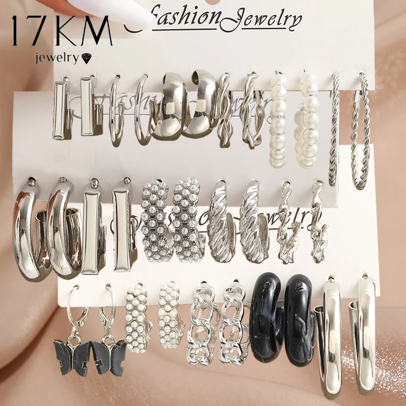 17KM Pearl Silver Color Dangle Earrings Set Butterfly Acrylic Hollow Drop Earrings for Women Heart Hoop Earring Fashion Jewelry