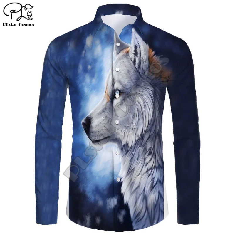 New Hawaiian Shirt 3D Printing Wolf King Series Long Sleeve Shirt Casual Unisex Shirt   L-1