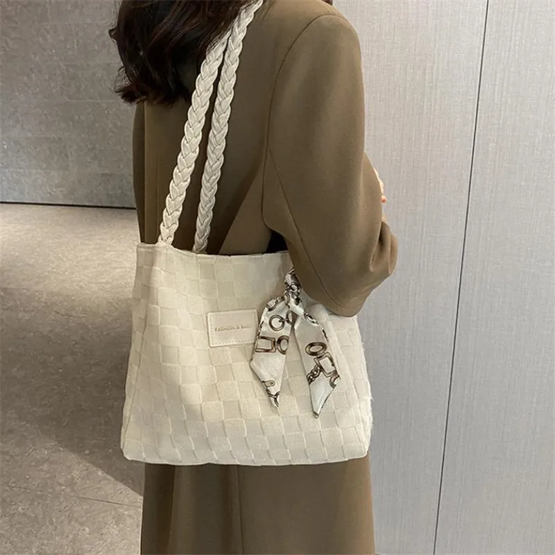 

Women's Canvas Handbag Shoulder Bags Casual Baguette Large Capacity Tote Bag Checkered Scarf Satchel Bag