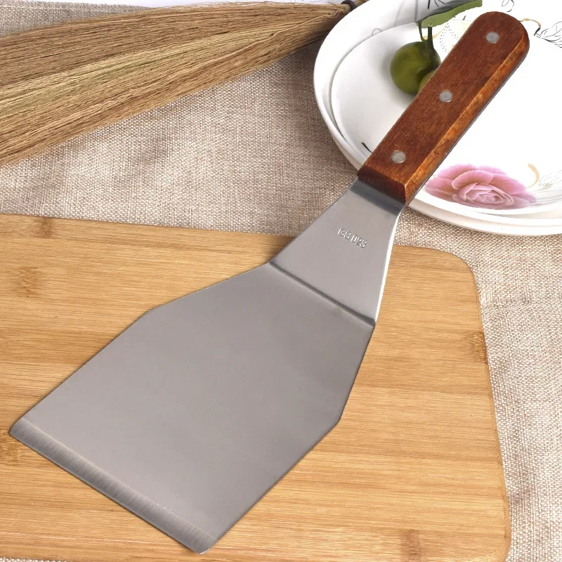 Shredded Stainless Steel Frying Shovel Iron Plate Roast Pizza Shovel Steak Wooden Handle Kitchen Accessories