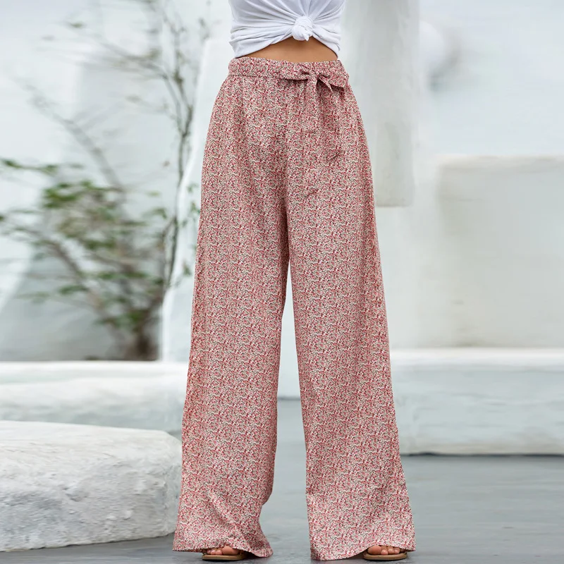Ladies Summer Floral Print Wide Leg Belt Trousers Ladies Holiday Beach Casual Loose Women's Clothing Vintage Streetwear Trousers