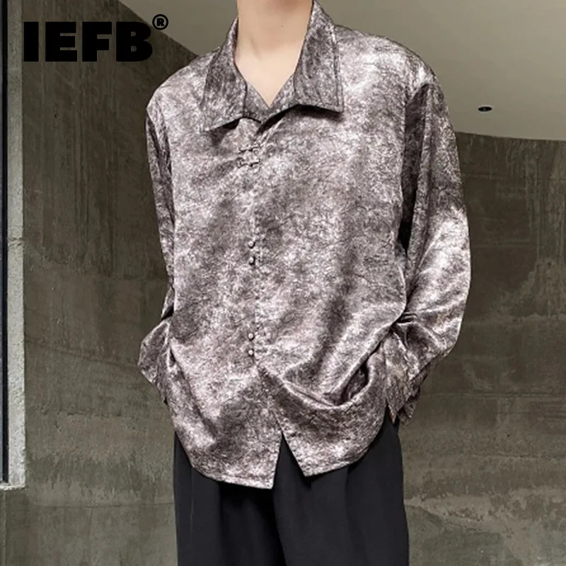 

Летняя рубашка IEFB, новинка, мужской топ в китайском стиле с воротником-стойкой и длинными рукавами, персонализированная металлическая лягушка, однобортная, 9C5402