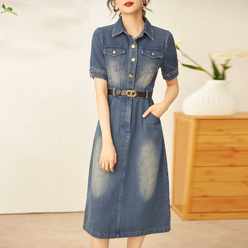 

Small group design denim dress for women's spring and summer commuting fashion temperament, slim waist, high-end feeling shirt