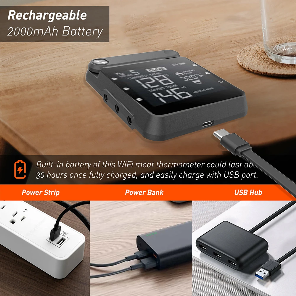 Food Thermometer Probe Digital Wifi Rechargeable Wireless Remote Meat Cooking BBQ For Steak Oven Grill Smoker With Magnet 6