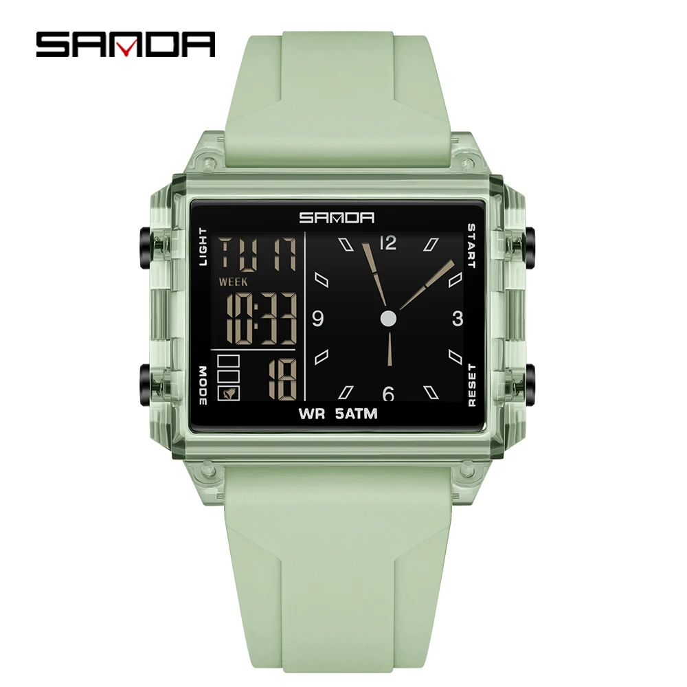 SANDA Luxury Digital Square Dial Sport Waterproof Watch with LED Display