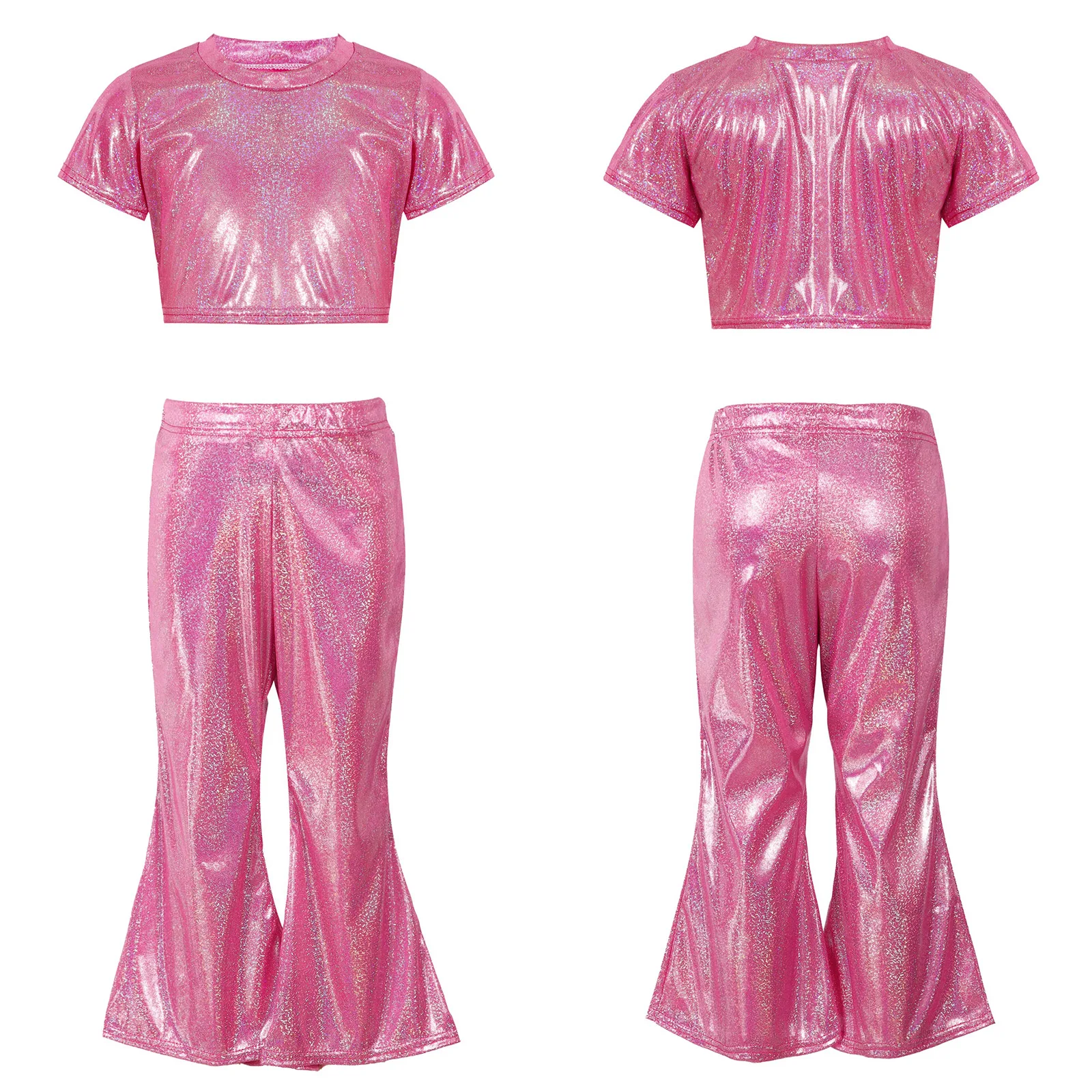 

Jazz Dance Costume Kids Girls Glittery Short Sleeve T-shirt Crop Tops Flared Pants Set for Stage Performance Workout Sportswear