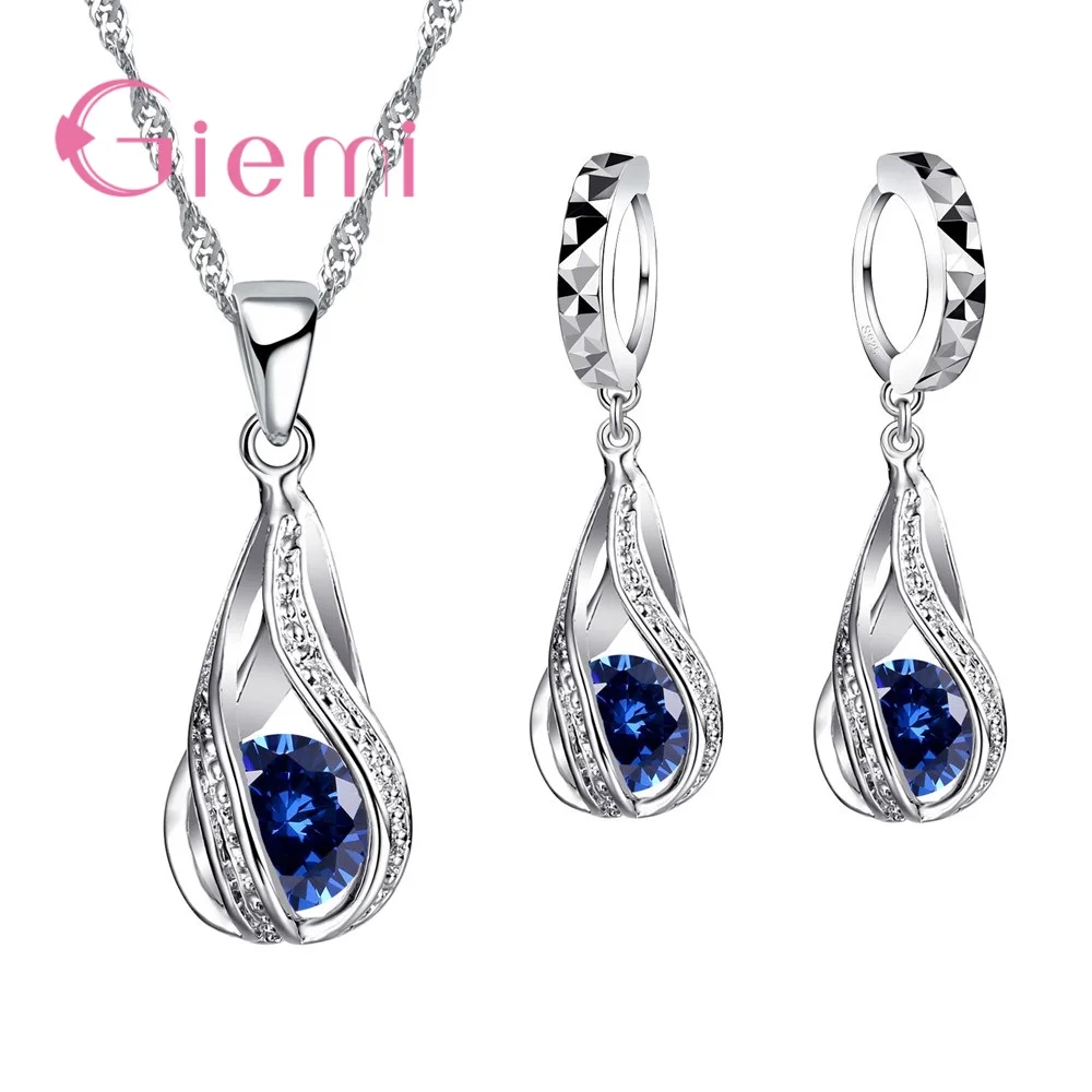 100% 925 Sterling Silver New Water Drop Cubic Zircon Pendant Necklace&Earrings For Women Ladies Jewelry Sets Wedding 4