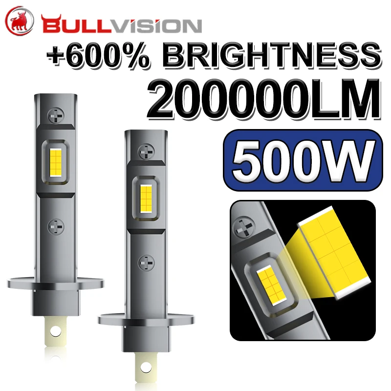   Bullvision 하이 로우 빔 터보 자동 조명, 팬 없는 미니 LED 헤드라이트, 1:1 사이즈, H1, 200000LM, 6500K, 500W, 16PCs, 7585 CSP, 12V, 24V, 36V 