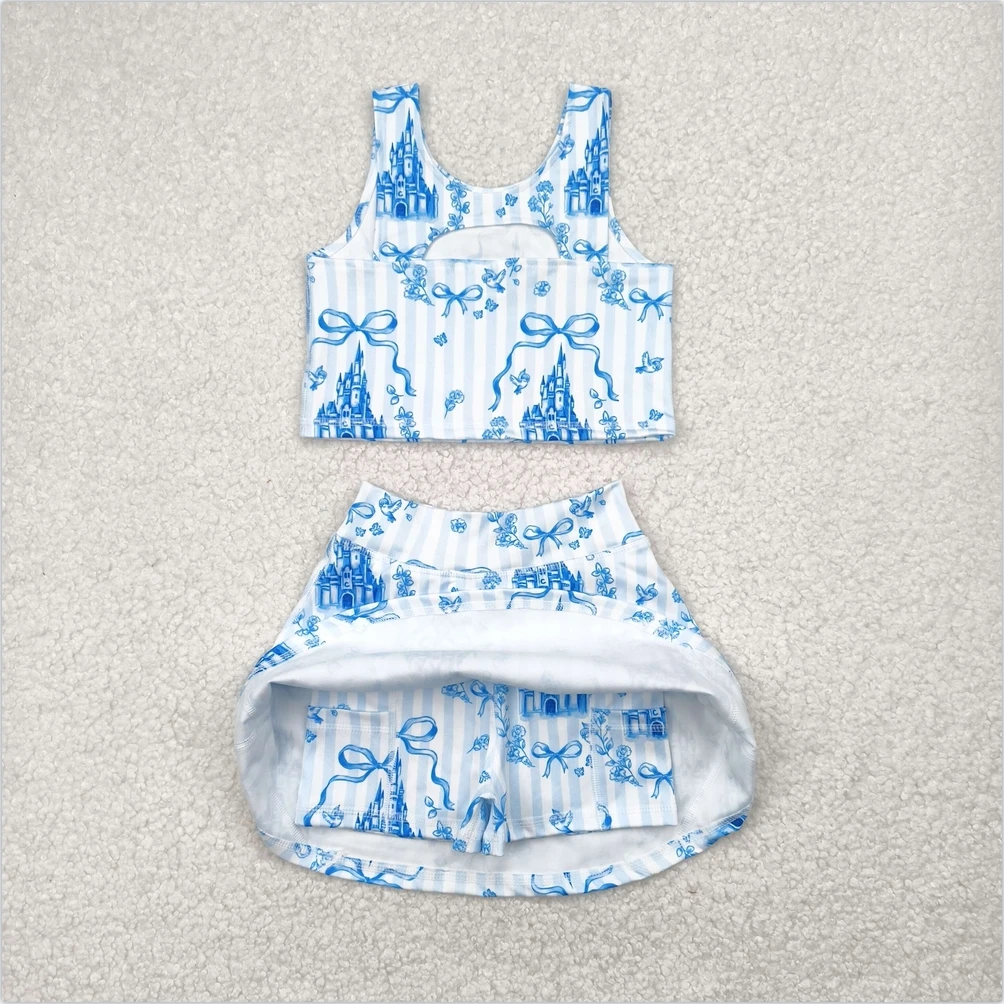 طفل فتاة الصيف رياضية Acive ارتداء مع القلاع الزرقاء سترة يوجا أعلى الرياضة Skorts طفل الفتيات الملابس فساتين مجموعات