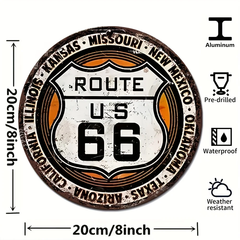 Фото Металлическая круглая вывеска в стиле ретро, дорожная вывеска Route 66 США, винтажный Настенный декор для гаража, ресторана, кафе, бара, клуба, гостиной комнаты, Настенная декоративная табличка №2
