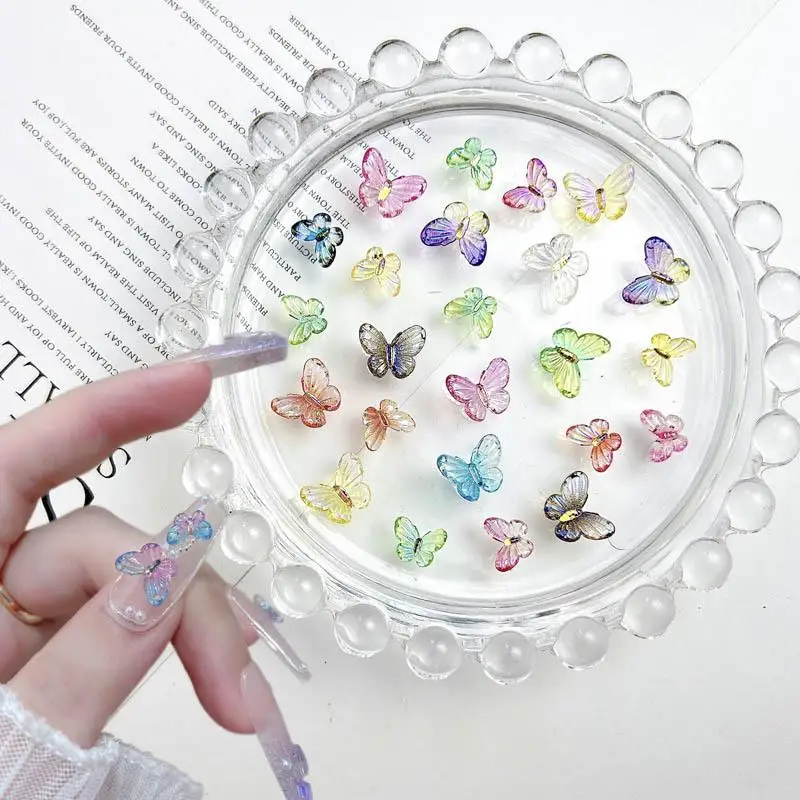 3D 그라데이션 컬러 나비 네일 아트 장식, 투명 오로라 시리즈, 송진 동물 네일 참 액세서리, DIY 매니큐어