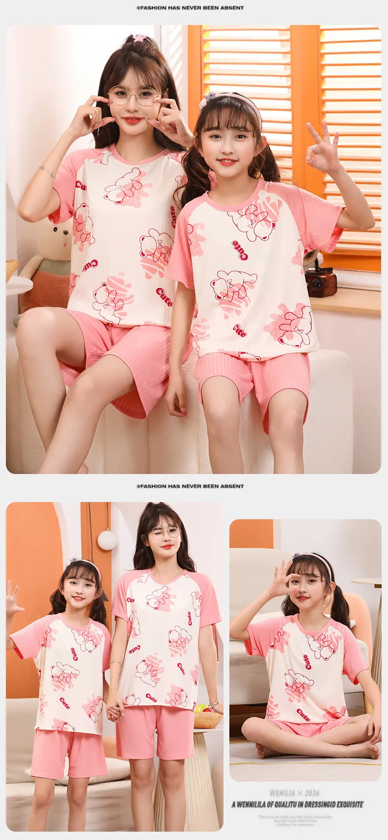 2 pieces for boys and girls pajamas Summer parent-child thin short sleeve cute neutral children's set Cute Children's homewear