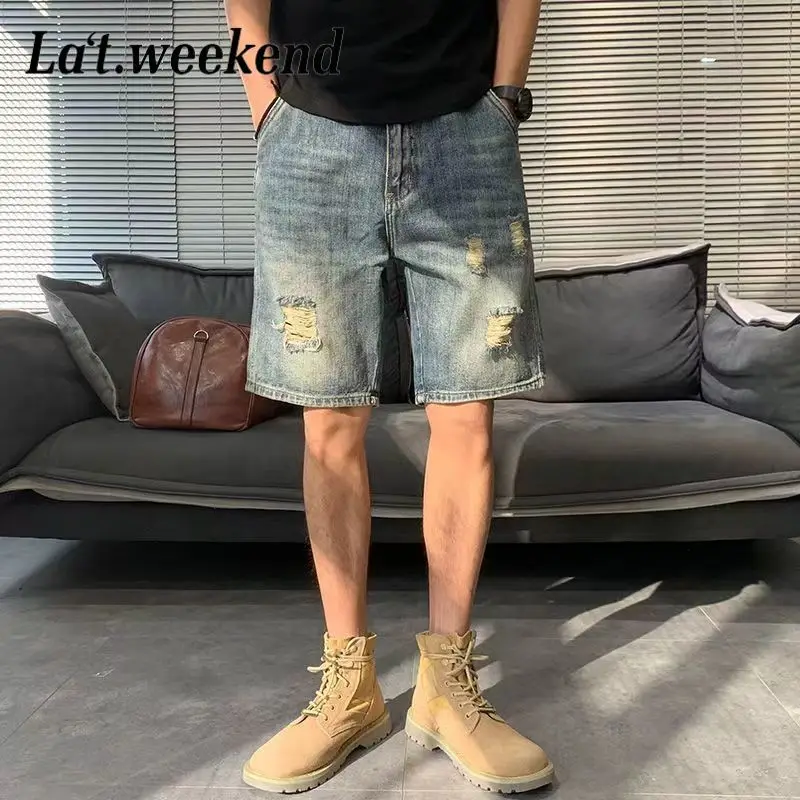 Ripped Denim Shorts Men's Trendy Brand Loose Casual Retro Five-point Pants Summer Mid-size Pants
