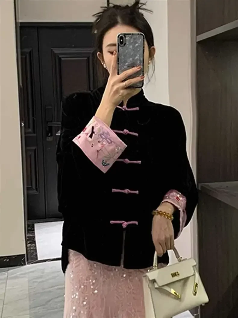 Chinese Style Blouse Embroidered Coat women's Spring Autumn Black Buckle Retro Velvet shirt + pink Skirt Tangsuits Top