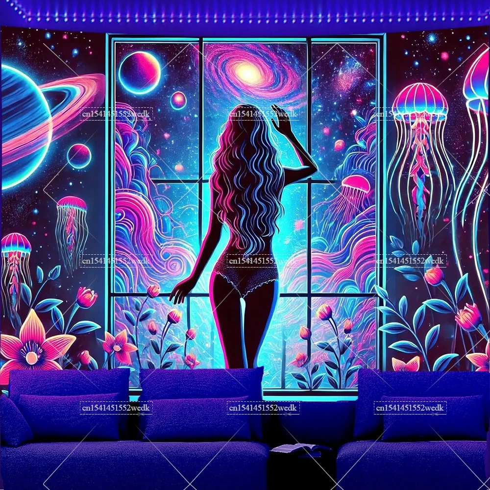 Blacklight Tapestry UV Reactive Glow In The Dark Smoking Jellyfish Girl Neon Tapestry Aesthetic Room Decor tapestry decorations