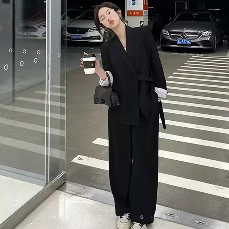 DAYIFUN Women Suits Pockets Coat and Wide Leg Pants 2-piece Sets New 2023 Spring Autumn Fashion Elegance Office Lady Blazer Sets
