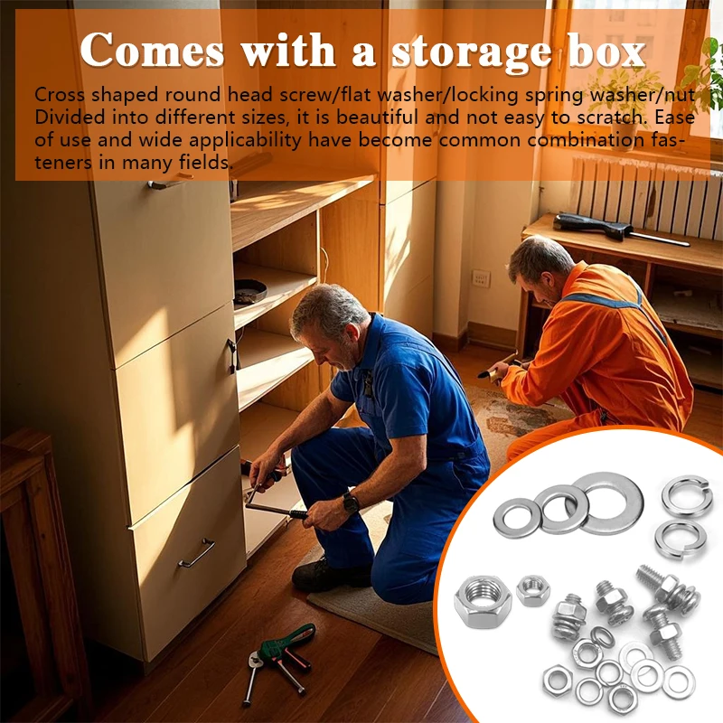M3 M4 M5 M6 Cross Head Round Screws Spring Washer Flat Washer Bolt & Nut Assortment Kit for DIY, Furniture Assembly, Home Repair
