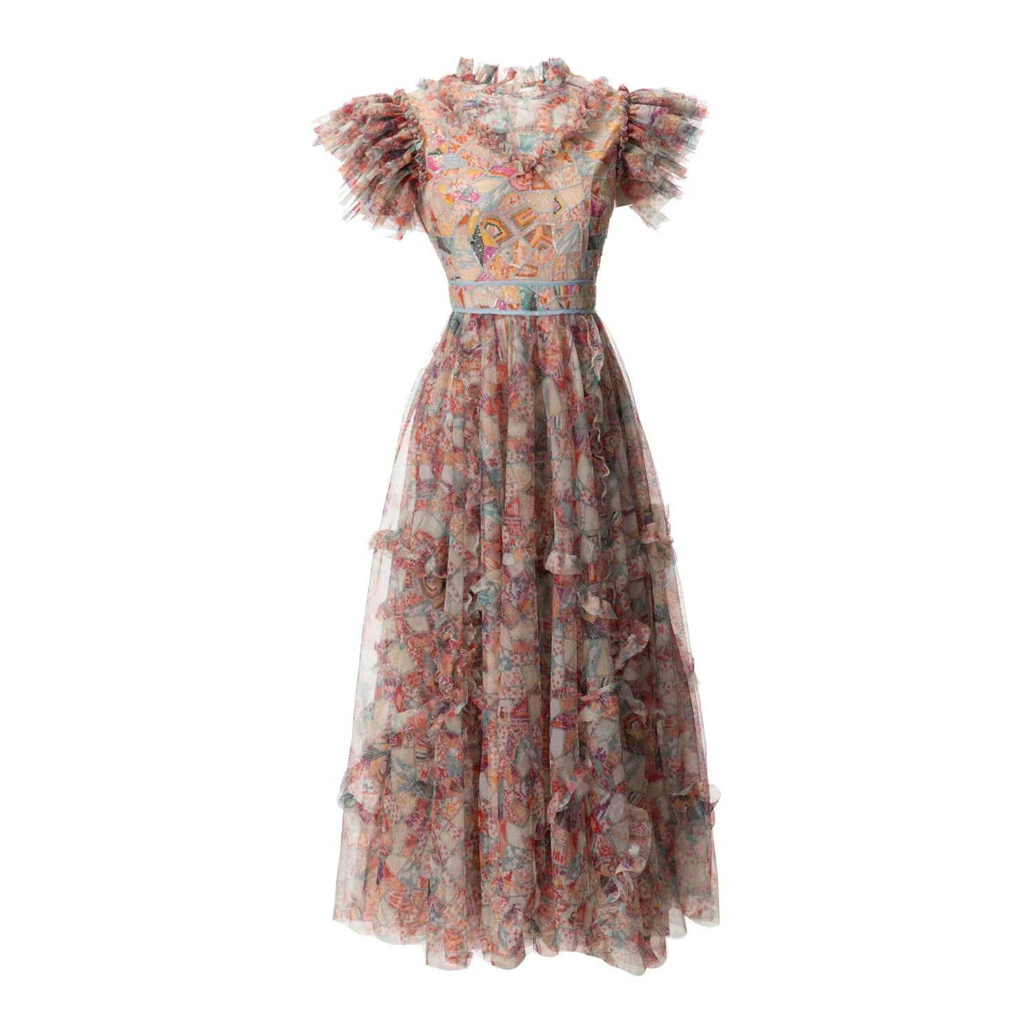 

Женское плиссированное платье с коротким рукавом, Сетчатое платье с воротником-стойкой и принтом в европейском и американском стиле, XXL, лето 2024