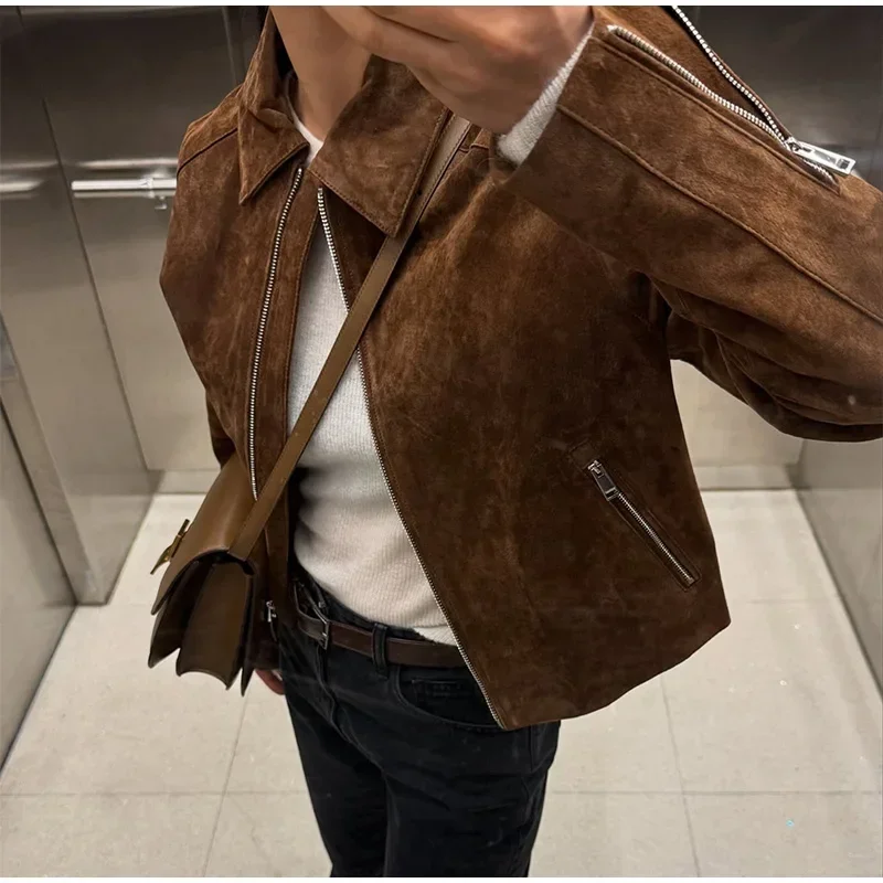 Retro Wildleder Kurze frauen Jacken Casual Revers Lange Ärmel Zipper Weibliche Mäntel 2025, Frühjahr Neue Feste High Street Outwears dame – Detail 6