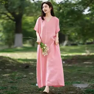 Good Quality Long Dress Pink Summer Casual 2024 New V-Neck Robe Original Remperament Artistic Short Sleeve Dress WomenK1231