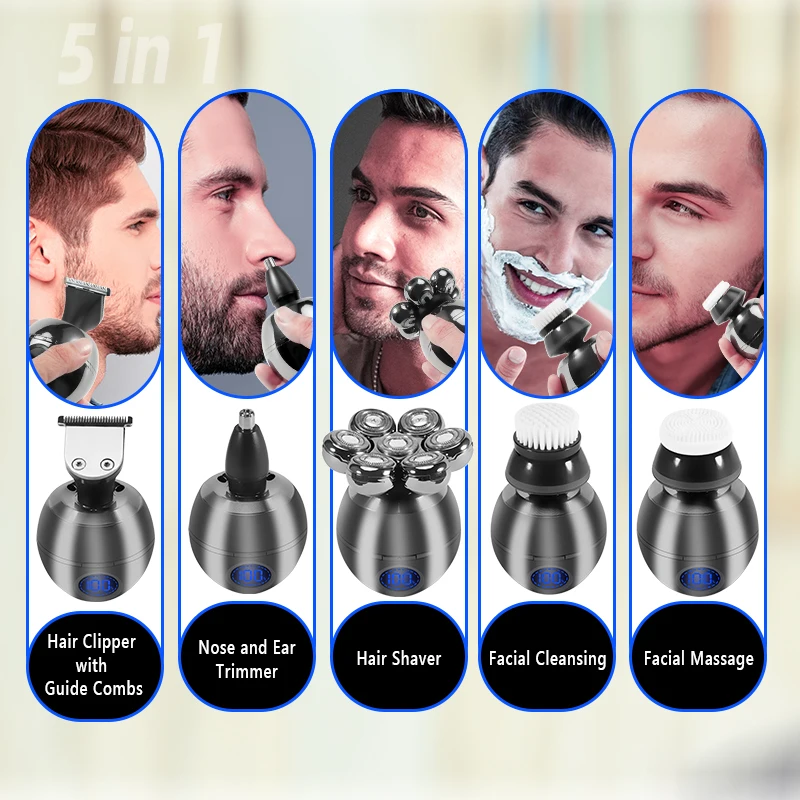 Electric Shaver 5 in 1 Head Shaver for Bald Men 7D Floating Cutter Beard Trimmer Clipper IP68 Waterproof Shaving USB Wireless Charging