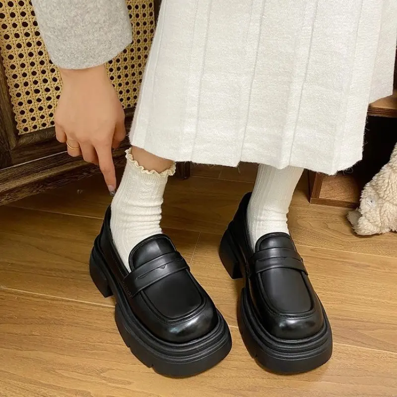 Leather Platform Loafers Woman British Style Thick Heels Oxfords Shoes Women Slip On College Gothic Shoes Fashion Vulcanized New