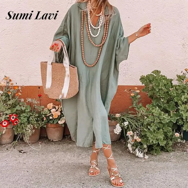 

2024 Sexy V-neck Side Split Loose Party Dress Summer Women Elegant Draped Solid Long Dress Casual Bat Long Sleeve Beach Dresses