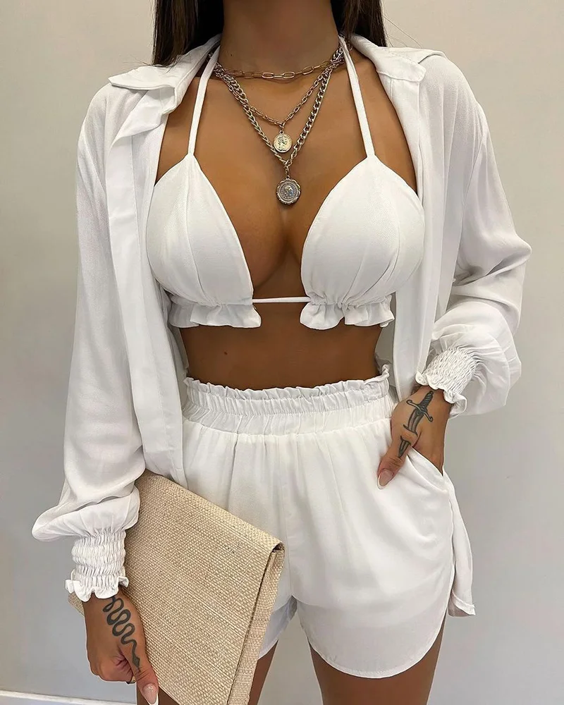 

Women Three Piece Suit Sprots Wear Tracksuits Solid Lantern Sleeve Shirt Frill Hem Sexy Crop Top Pocket Design Shorts Sets