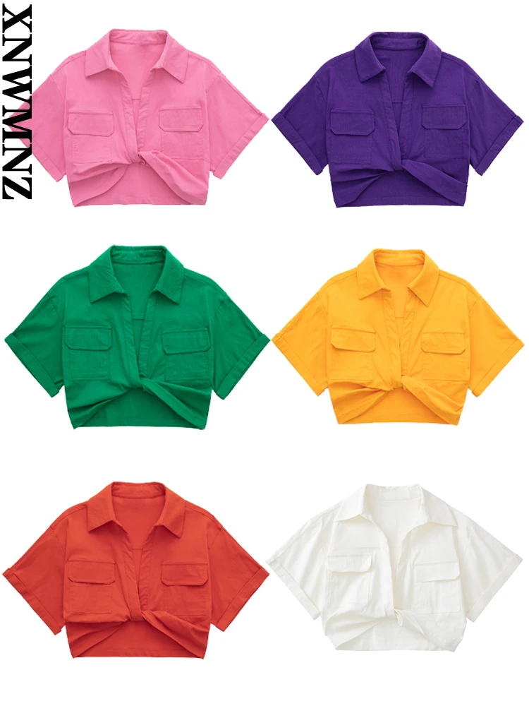 XNWMNZ 2022 women casual Fashion pockets elastic linen blend cropped shirt female v-neck short turn-up sleeves top chic blouse metersbonwe cropped shirt women summer short sleeves loose woven blouses new 100cotton pocket short tops brand tee