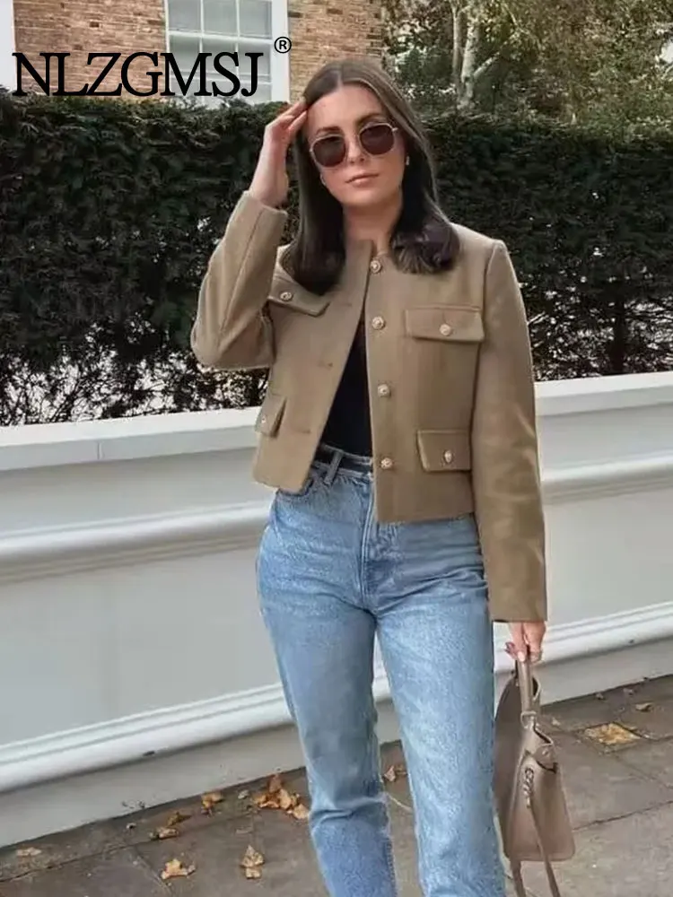 

Nlzgmsj TRAF Minimalist Jacket for women 2023 Autumn Winter Elegant Round Neck Straight Shoulder Light Short Coat Women