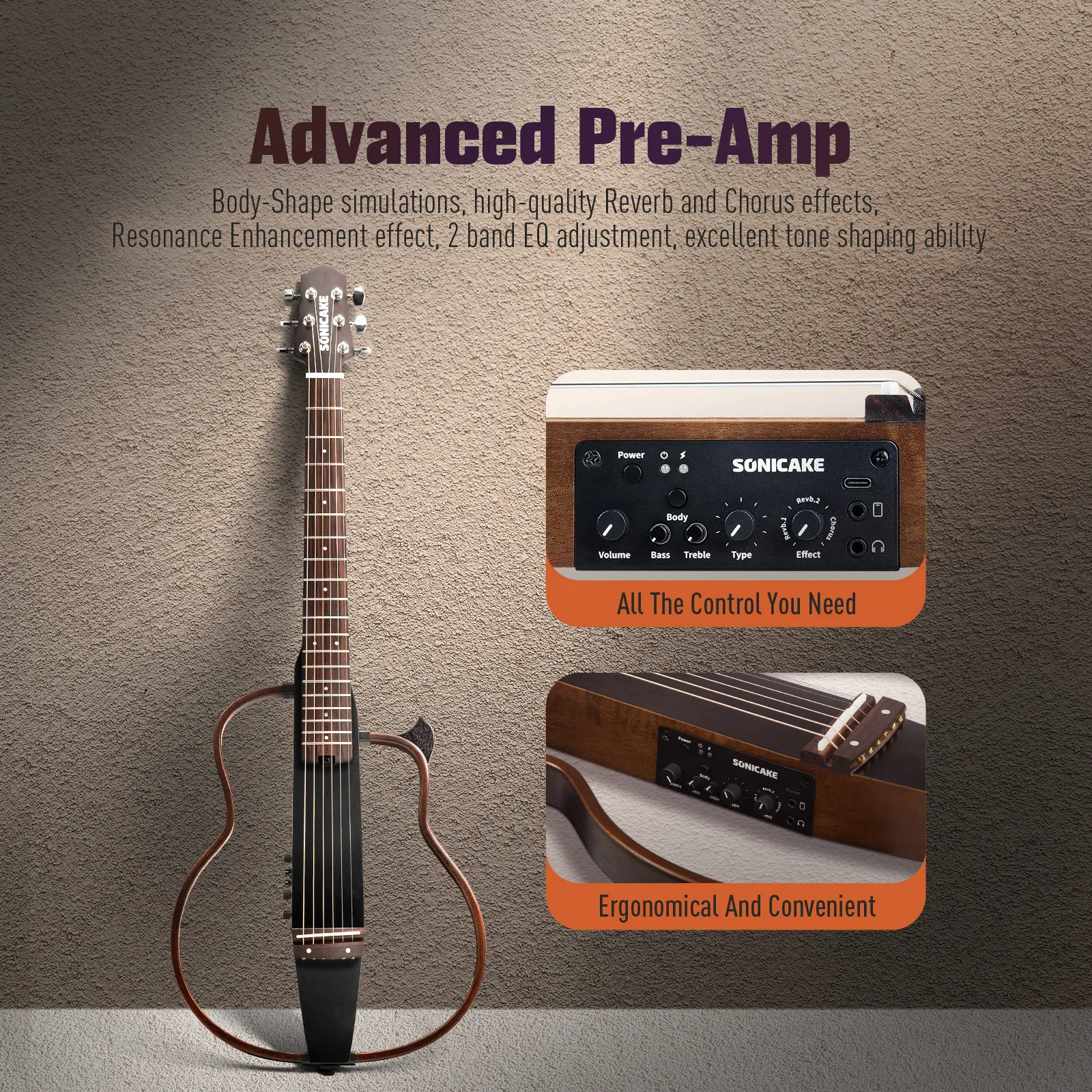 SONICAKE Silent Acoustic Electric Travel Guitar Solid Mahogany Body Assembly Frames Rechargeable Pre-amp Gig Bag All Accessories