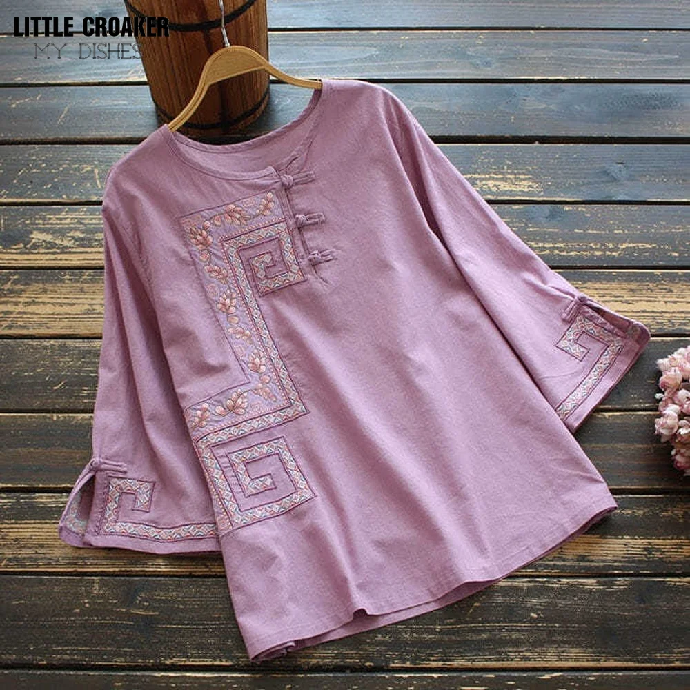 New Loose Large Shirt Women's Cotton Linen Shirt Retro National Style Top Round Neck Embroidered Chinese Traditional Blouse
