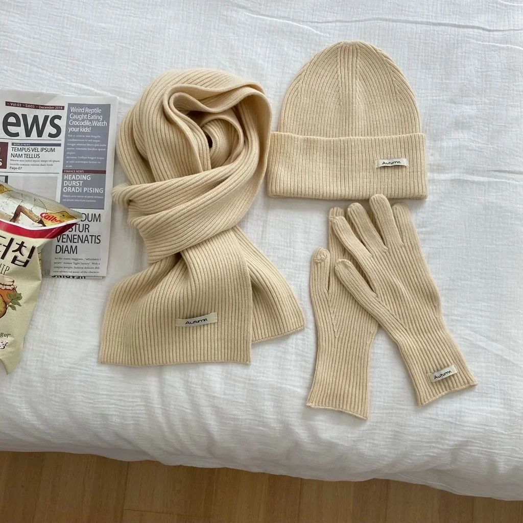 Women's Fleece Lined Winter Beanie & Scarf Set - Chunky Knit With Pom Pom, Warm & Soft, Khaki