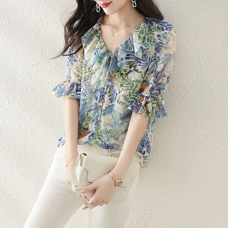 

Vintage Printed V-Neck Flare Sleeve Oversized Ruffles Chiffon Blouse Summer New Casual Tops Loose Women's Clothing Commute Shirt