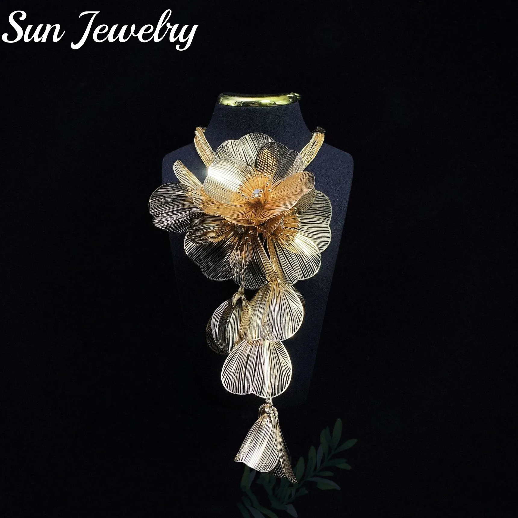 Handmade Copper Flower Necklace Set Metal Tassel Hollow Petal