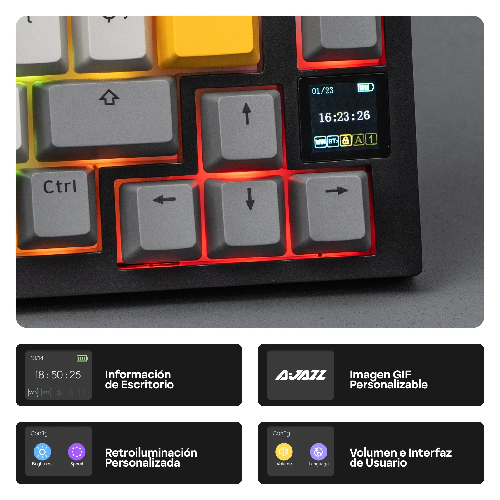 ISO-ES 레이아웃 EPOMAKER X AJAZZ AK820 PRO 75% 스페인어 레이아웃 유선/2.4GHz/BT 기계식 키보드 (스크린 및 노브 포함) PC/Mac용