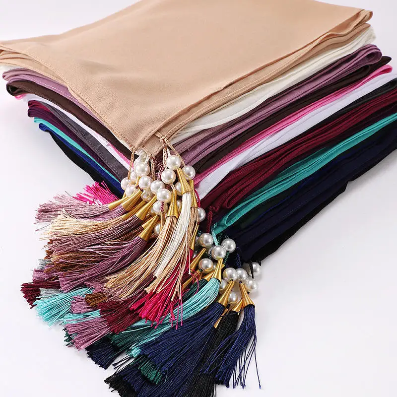 

New Solid Pearl Chiffon Tassels Scarf Malaysia Large Square Scarf Veil Headscarf Hijab Femme Musulman