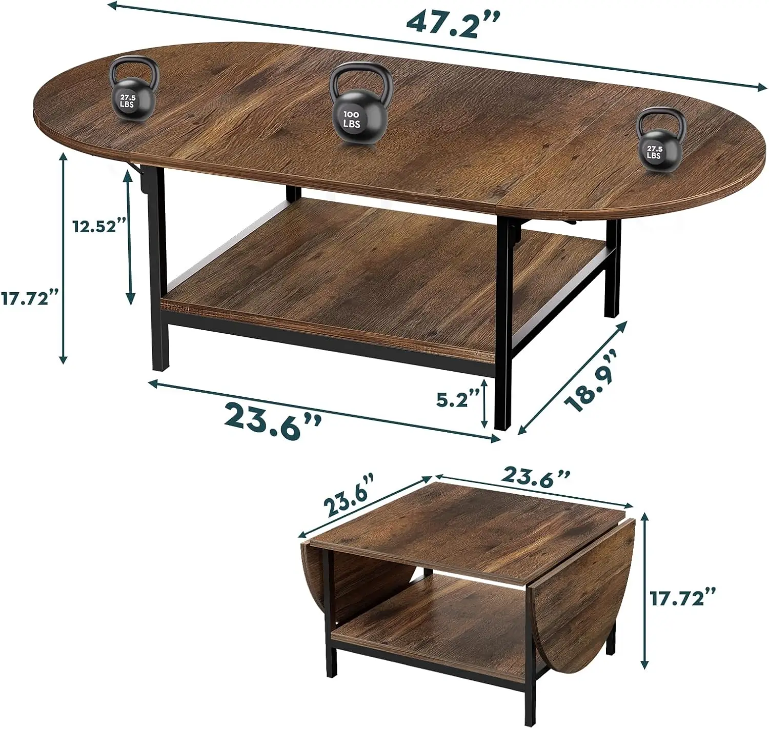 Coffee Table 2-Tier Small Folding Coffee Tables with Storage Table Vintage Extended Table with Two Foldable Panel 2