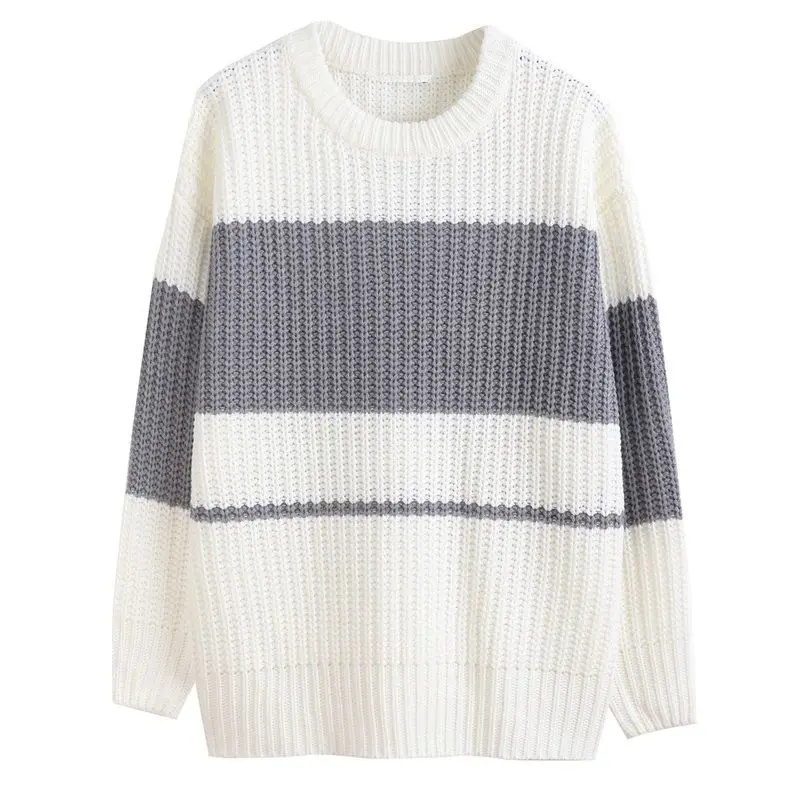 2023 Autumn Winter New Round Neck Long Sleeve Contrast Color Striped Sweater Man High Street Loose Casual All-match Pullovers