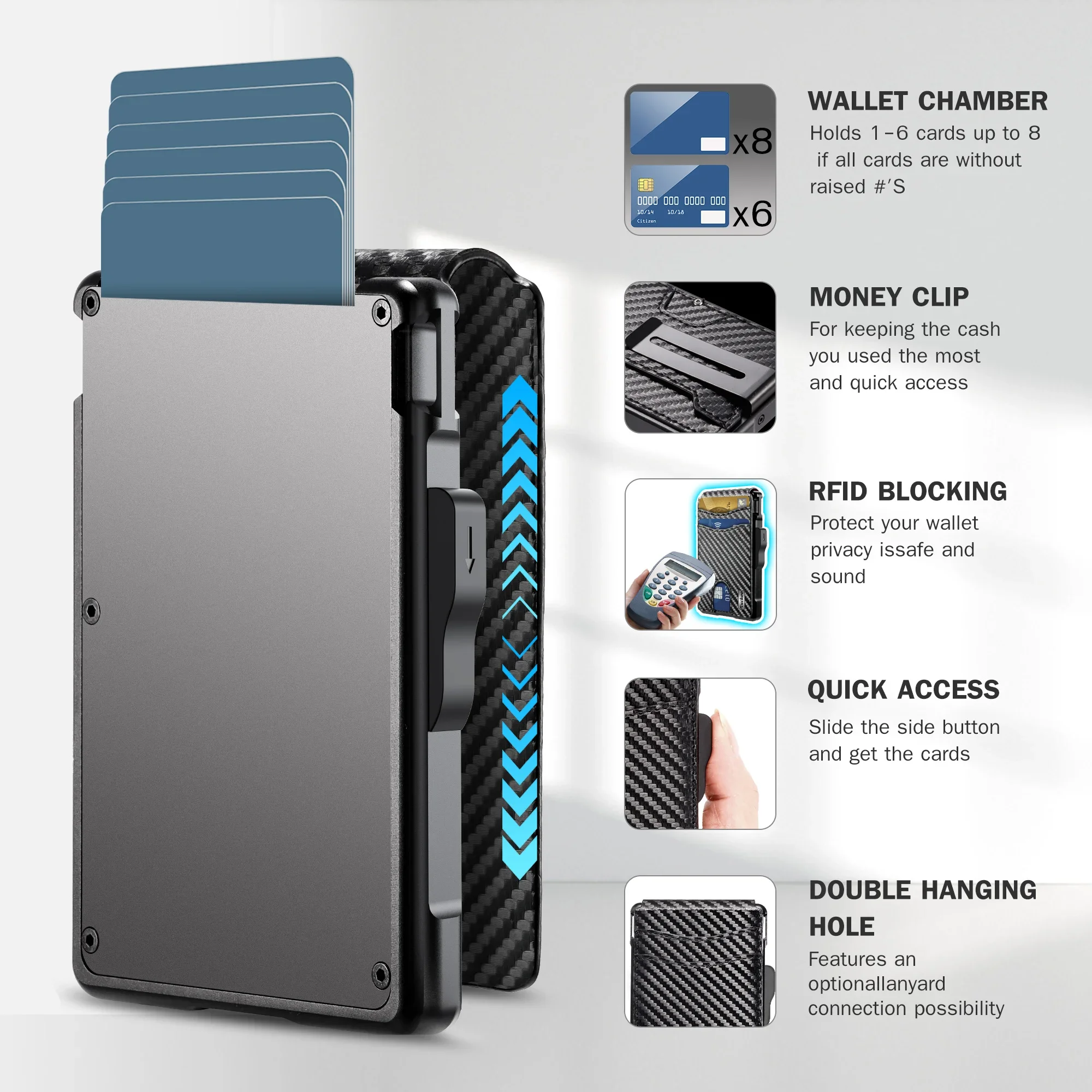 Portafoglio da uomo minimalista, porta 9-13 carte, sottile e compatto con fermasoldi, finestra per documenti, blocco RFID, porta carte smart pop-up. - immagine 3