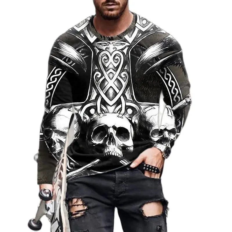 Skull Print T-shirt Men's Casual Sports 3d Long-sleeved Shirt Street Trend European and American Youth Loose Round Neck T-shirt