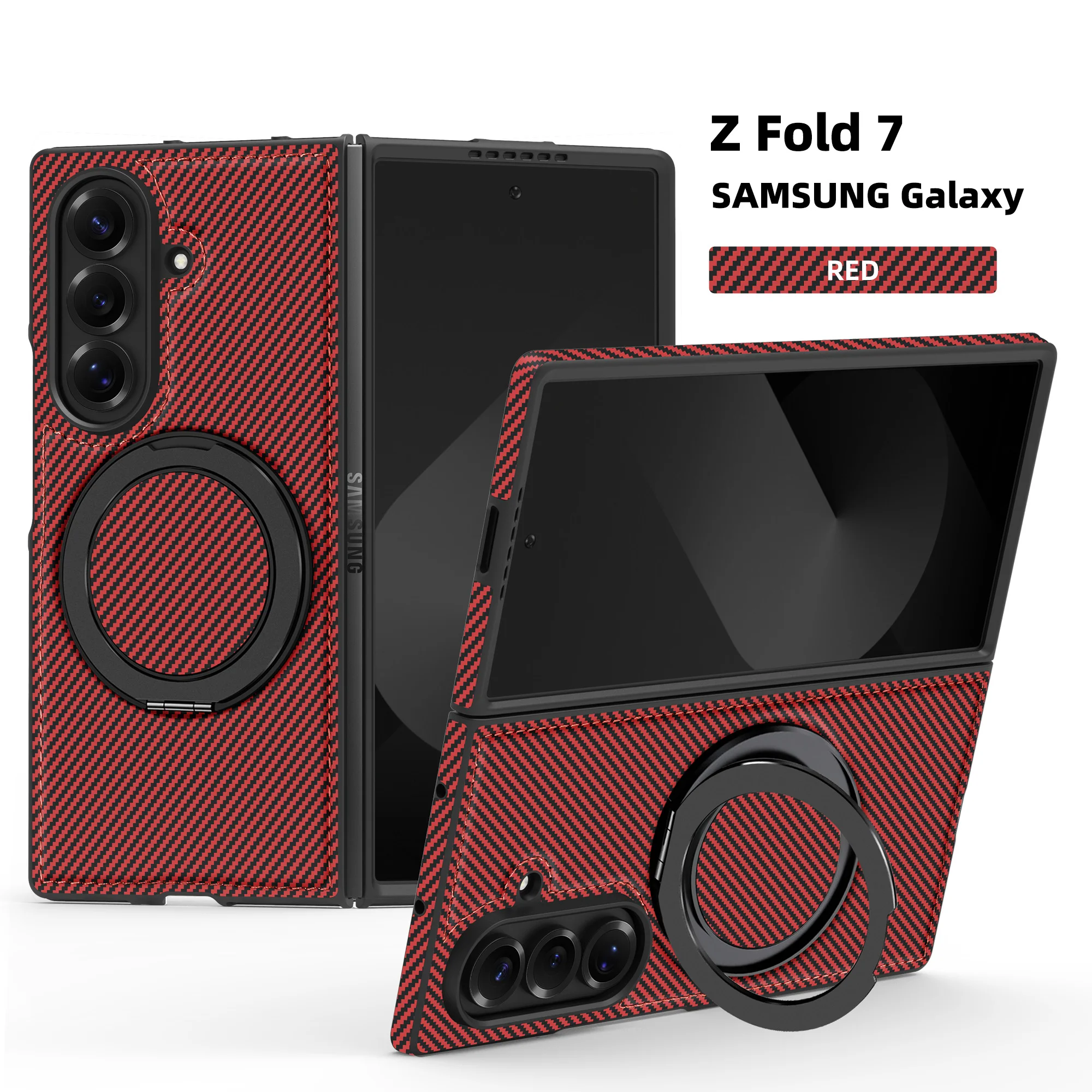 MagSafe 보호 백 커버 케이스 Z Fold7 6 5 4 3 삼성 갤럭시 Z Fold 7 케이스 하드 PU 카본 파이버 마그네틱 링 스탠드