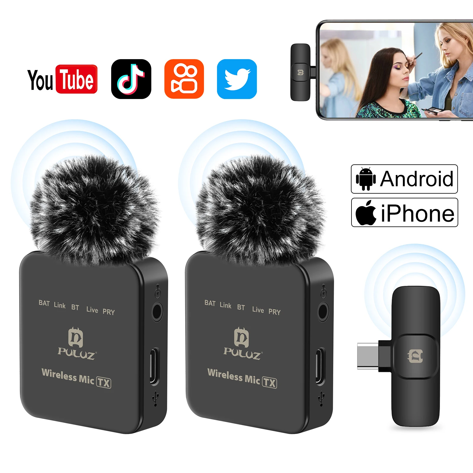 PULUZ Wireless Lavalier Lapel Condenser Microphone for iPhone Type C Android Smartphone Camera PC Gaming YouTube Broadcast Vlog