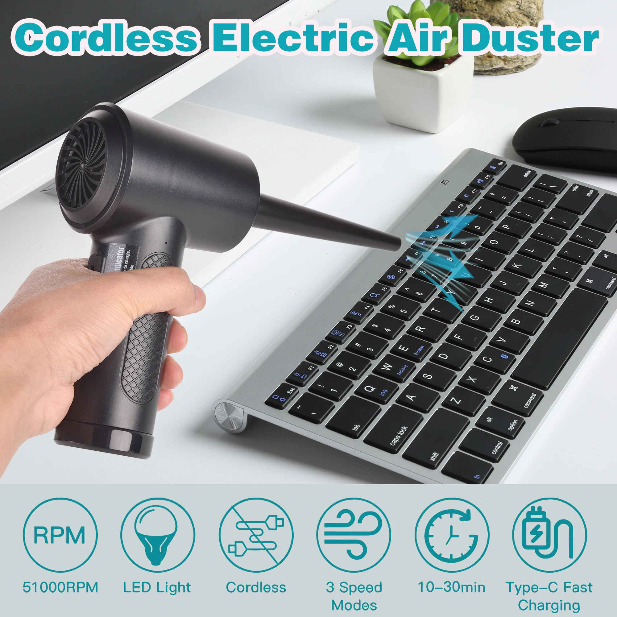 Compressed Air Duster for Computers Protable Cordless Air Blower Computer Cleaning with LED Light for PC Keyboard Crumbs Car 4
