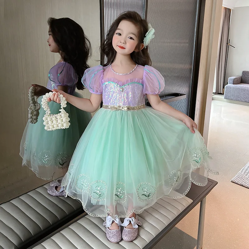 Vestidos hinchados para niñas, disfraz de princesa verde de reina Rapunzel, ropa de lentejuelas de 2 a 8 años, 2023