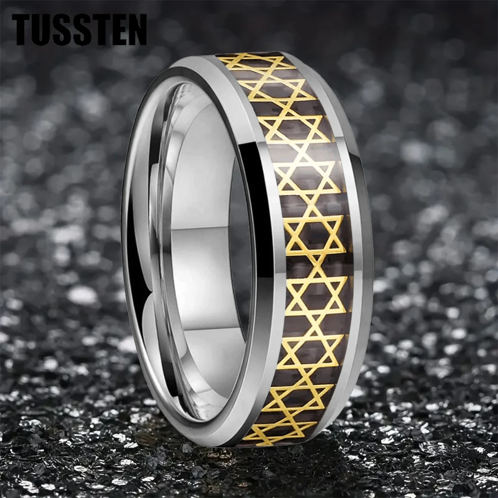 TUSSTEN 8mm Men's Ring Inlaid Golden Hexagram Star Men's Tungsten Ring Comfortable Fit And Free Shipping